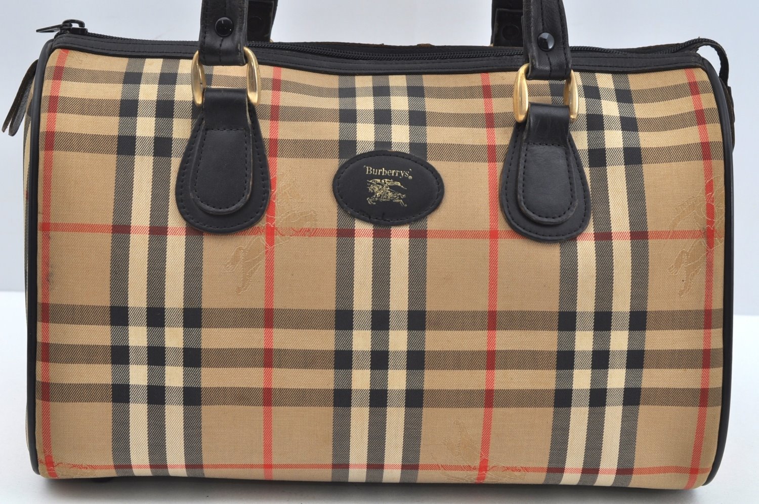 Authentic Burberrys Nova Check Canvas Leather Hand Boston Bag Brown Beige L0414