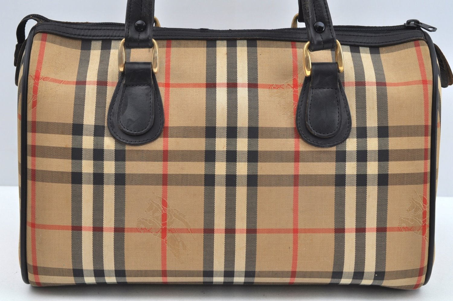 Authentic Burberrys Nova Check Canvas Leather Hand Boston Bag Brown Beige L0414