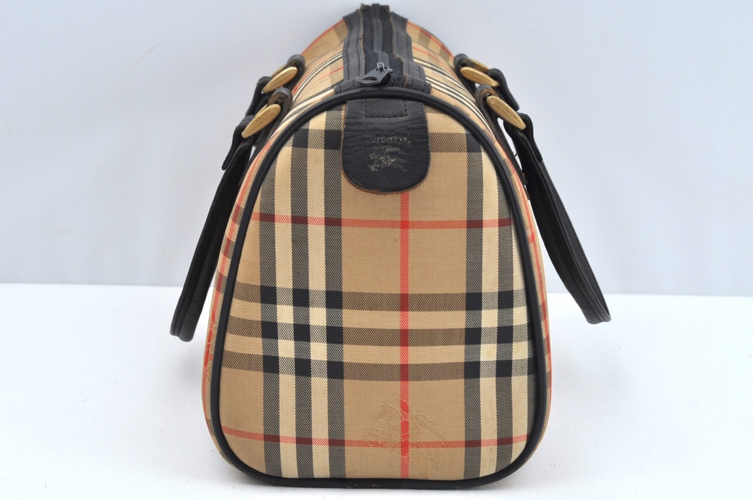 Authentic Burberrys Nova Check Canvas Leather Hand Boston Bag Brown Beige L0414