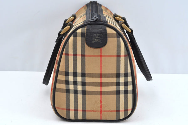 Authentic Burberrys Nova Check Canvas Leather Hand Boston Bag Brown Beige L0414
