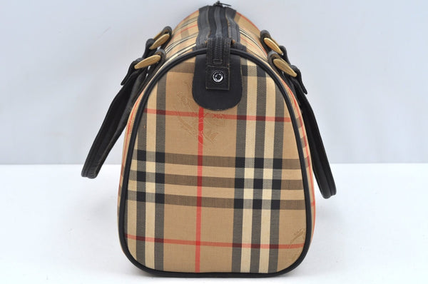 Authentic Burberrys Nova Check Canvas Leather Hand Boston Bag Brown Beige L0414