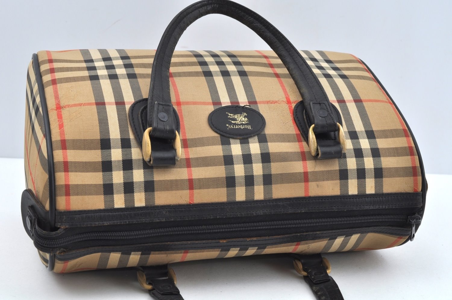 Authentic Burberrys Nova Check Canvas Leather Hand Boston Bag Brown Beige L0414
