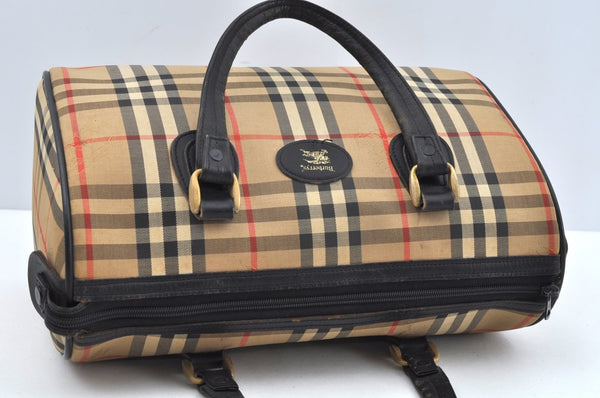 Authentic Burberrys Nova Check Canvas Leather Hand Boston Bag Brown Beige L0414