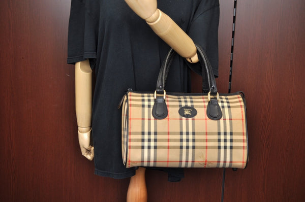 Authentic Burberrys Nova Check Canvas Leather Hand Boston Bag Brown Beige L0414