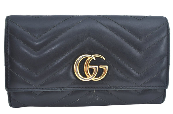 Authentic GUCCI GG Marmont Double G Long Wallet Leather 443436 Black L0418