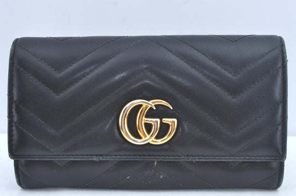 Authentic GUCCI GG Marmont Double G Long Wallet Leather 443436 Black L0418