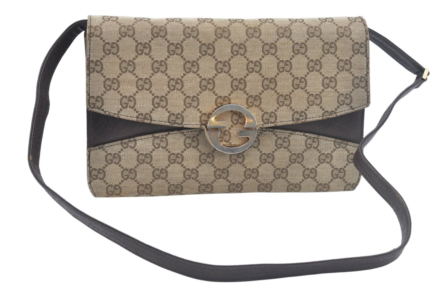 Authentic GUCCI Shoulder Cross Body Bag GG Canvas Leather Brown L0429