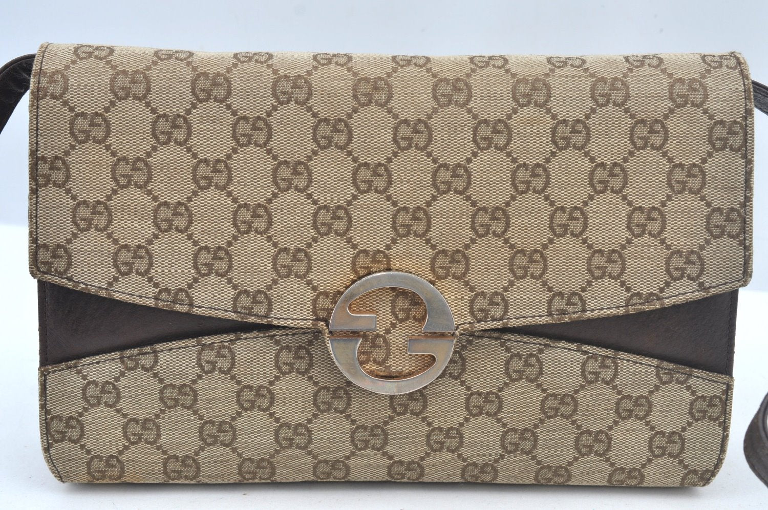 Authentic GUCCI Shoulder Cross Body Bag GG Canvas Leather Brown L0429