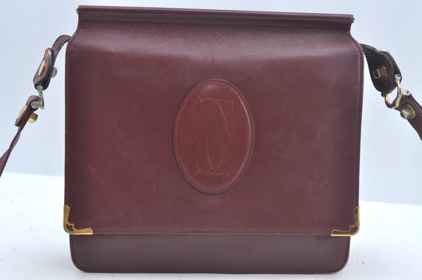 Authentic Cartier Must de Cartier Leather Shoulder Cross Bag Bordeaux Red L0434