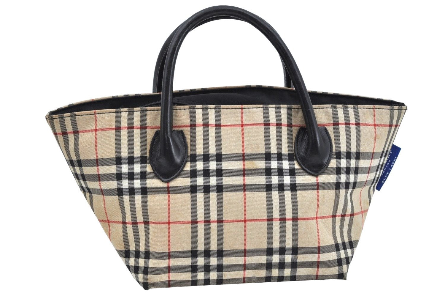 Authentic BURBERRY BLUE LABEL Check Hand Tote Bag Nylon Leather Beige L0439