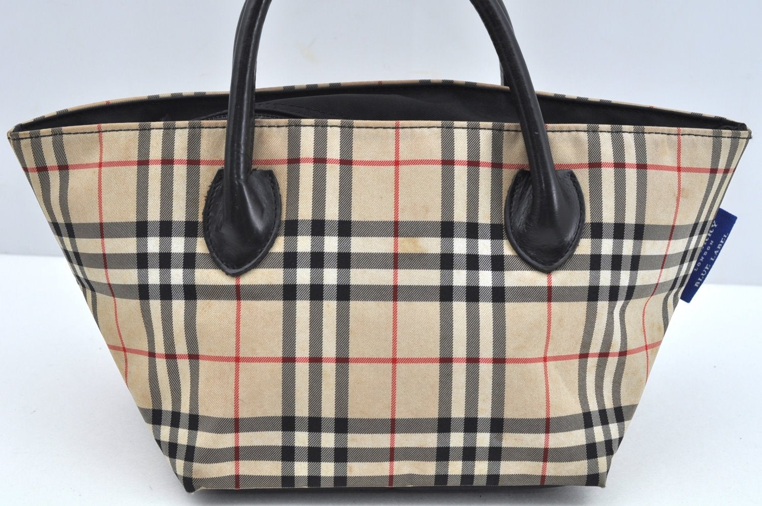 Authentic BURBERRY BLUE LABEL Check Hand Tote Bag Nylon Leather Beige L0439