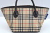 Authentic BURBERRY BLUE LABEL Check Hand Tote Bag Nylon Leather Beige L0439