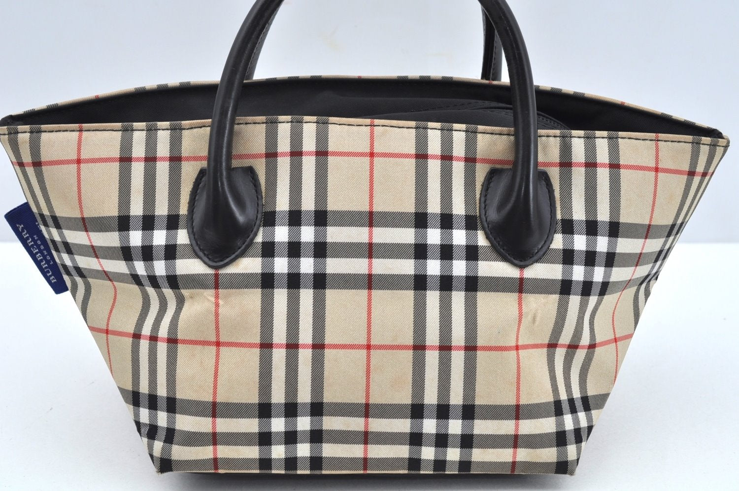 Authentic BURBERRY BLUE LABEL Check Hand Tote Bag Nylon Leather Beige L0439