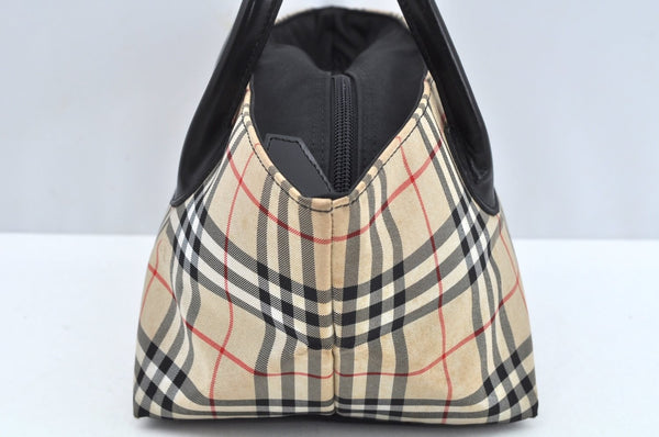 Authentic BURBERRY BLUE LABEL Check Hand Tote Bag Nylon Leather Beige L0439