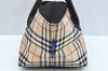 Authentic BURBERRY BLUE LABEL Check Hand Tote Bag Nylon Leather Beige L0439