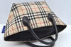 Authentic BURBERRY BLUE LABEL Check Hand Tote Bag Nylon Leather Beige L0439