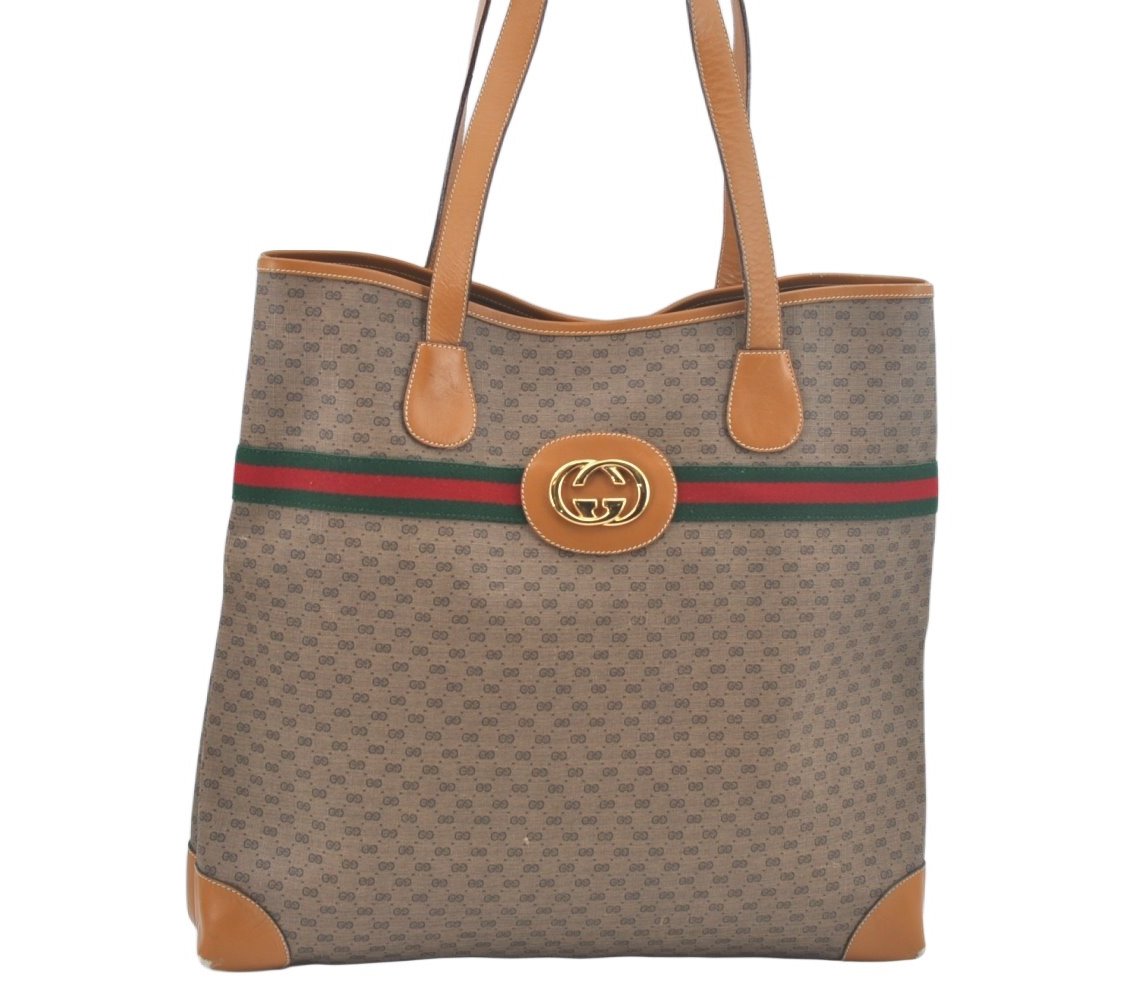 Authentic GUCCI Web Sherry Line Micro GG Tote Bag PVC Leather Brown L0442