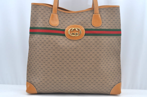 Authentic GUCCI Web Sherry Line Micro GG Tote Bag PVC Leather Brown L0442