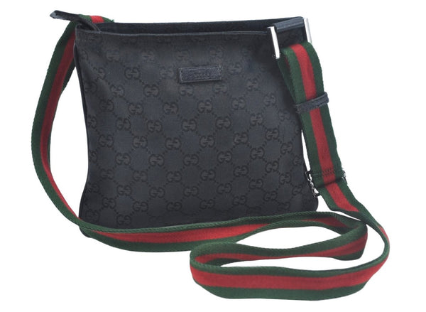 Authentic GUCCI Web Sherry Line Shoulder Cross Bag GG Canvas 146309 Black L0443