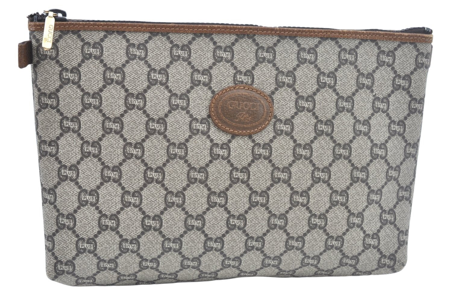Authentic GUCCI Clutch Hand Bag Purse GG Plus PVC Leather Brown L0444