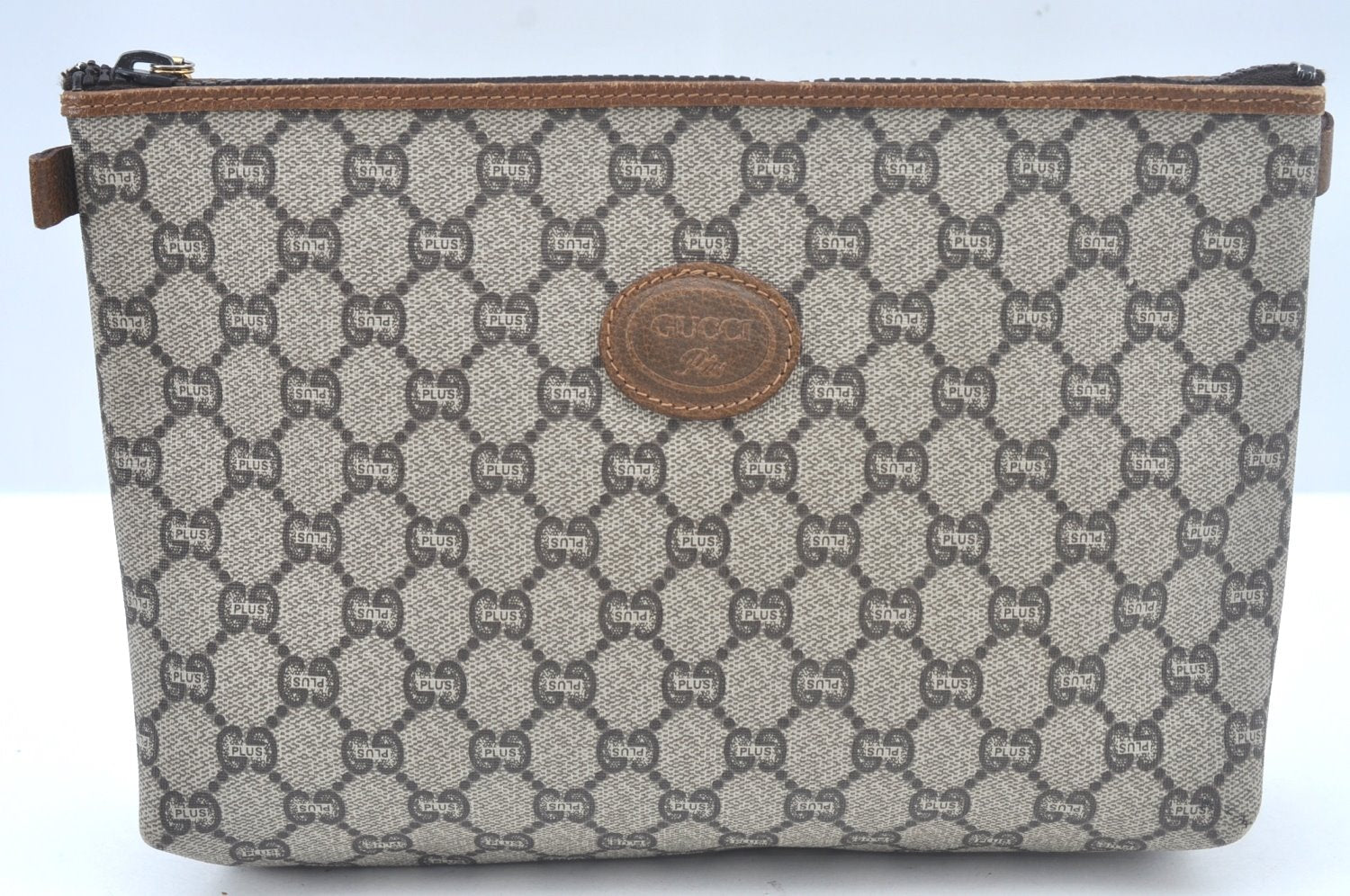 Authentic GUCCI Clutch Hand Bag Purse GG Plus PVC Leather Brown L0444