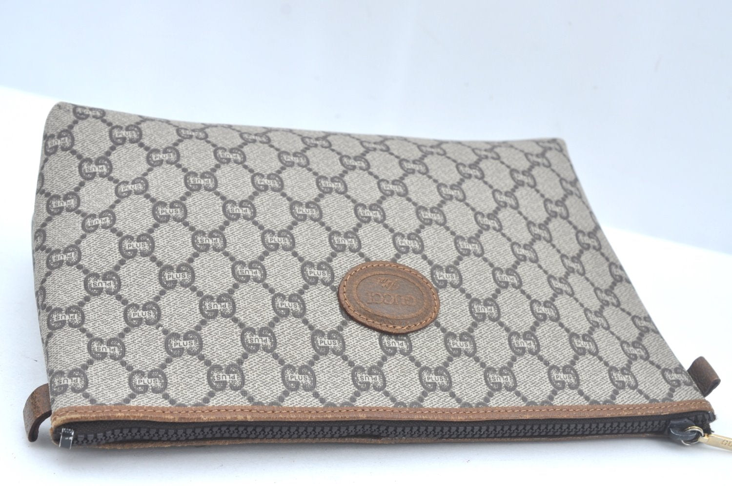 Authentic GUCCI Clutch Hand Bag Purse GG Plus PVC Leather Brown L0444