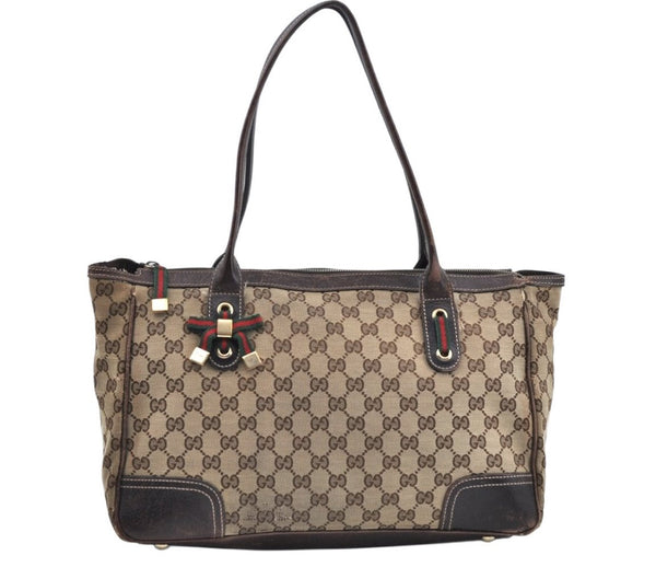 Authentic GUCCI Sherry Line Princy Ribbon Tote Bag GG Canvas 177052 Brown L0448