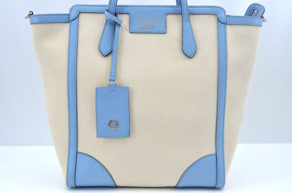 Authentic GUCCI Swing Hand Tote Bag Canvas Leather Beige Light Blue L0451