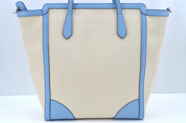 Authentic GUCCI Swing Hand Tote Bag Canvas Leather Beige Light Blue L0451
