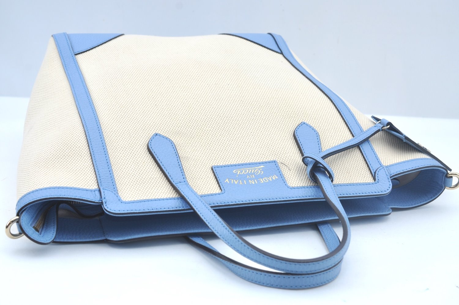 Authentic GUCCI Swing Hand Tote Bag Canvas Leather Beige Light Blue L0451