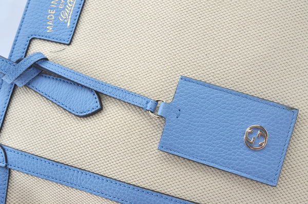 Authentic GUCCI Swing Hand Tote Bag Canvas Leather Beige Light Blue L0451
