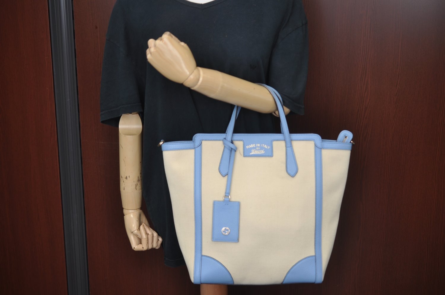 Authentic GUCCI Swing Hand Tote Bag Canvas Leather Beige Light Blue L0451