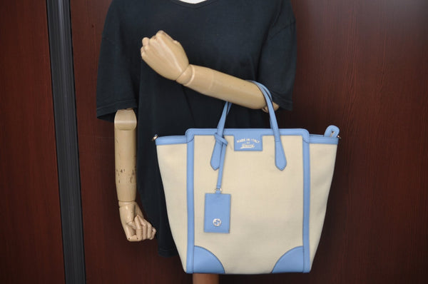 Authentic GUCCI Swing Hand Tote Bag Canvas Leather Beige Light Blue L0451