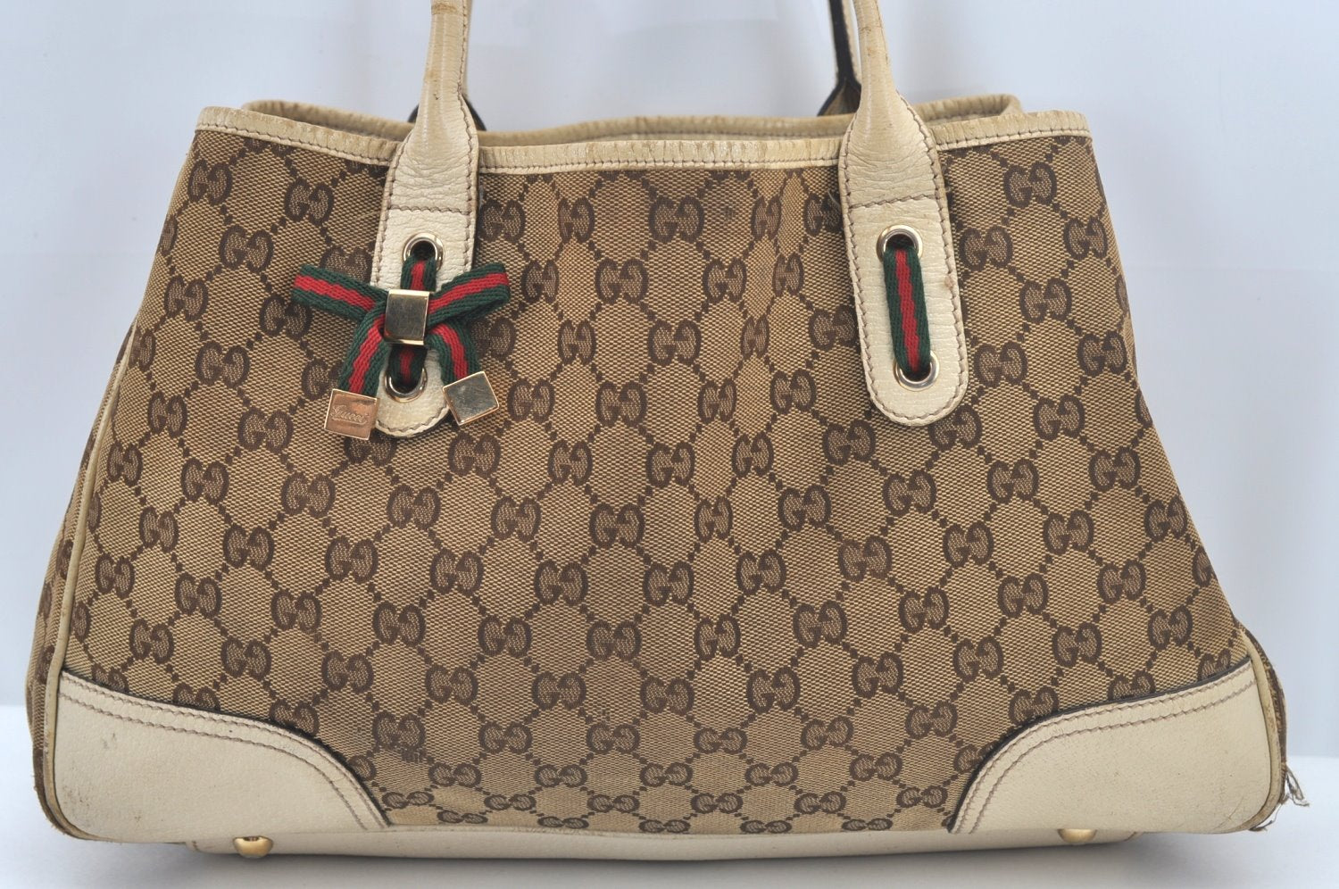 Authentic GUCCI Sherry Line Princy Ribbon Tote Bag GG Canvas 163805 Beige L0479