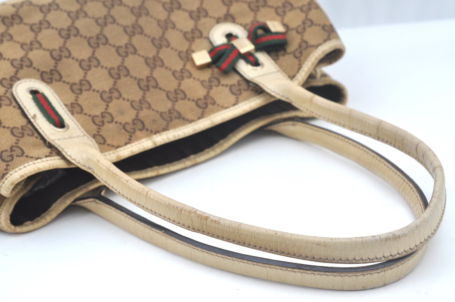 Authentic GUCCI Sherry Line Princy Ribbon Tote Bag GG Canvas 163805 Beige L0479