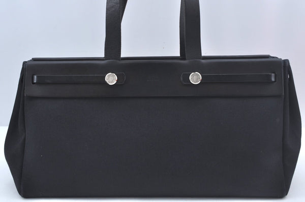 Auth HERMES Her Bag Cabas GM & GM 2Way Shoulder Tote Bag Canvas Black  L0484