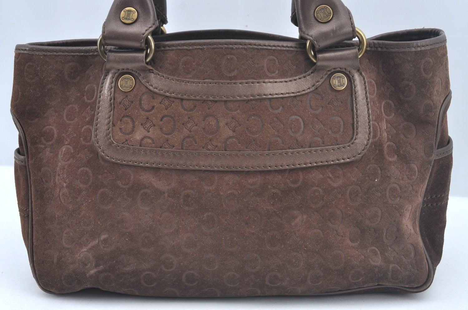 Authentic CELINE C Macadam Blason Pattern Hand Bag Suede Leather Brown L0485