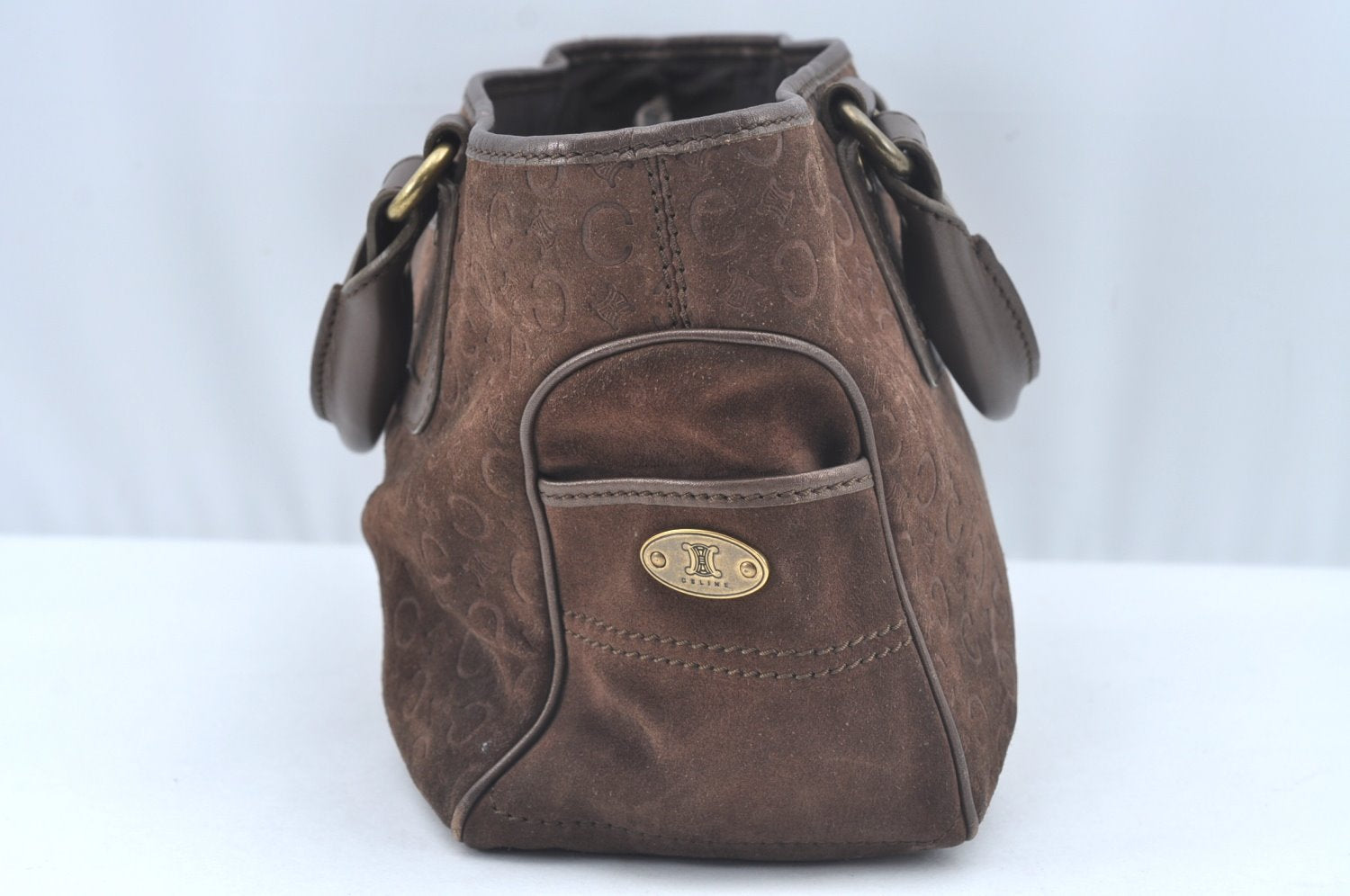 Authentic CELINE C Macadam Blason Pattern Hand Bag Suede Leather Brown L0485