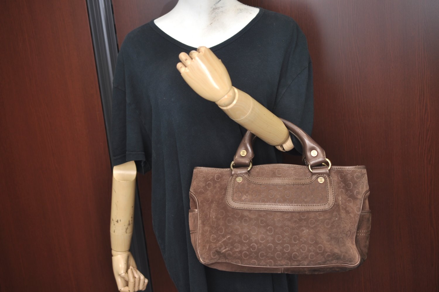 Authentic CELINE C Macadam Blason Pattern Hand Bag Suede Leather Brown L0485