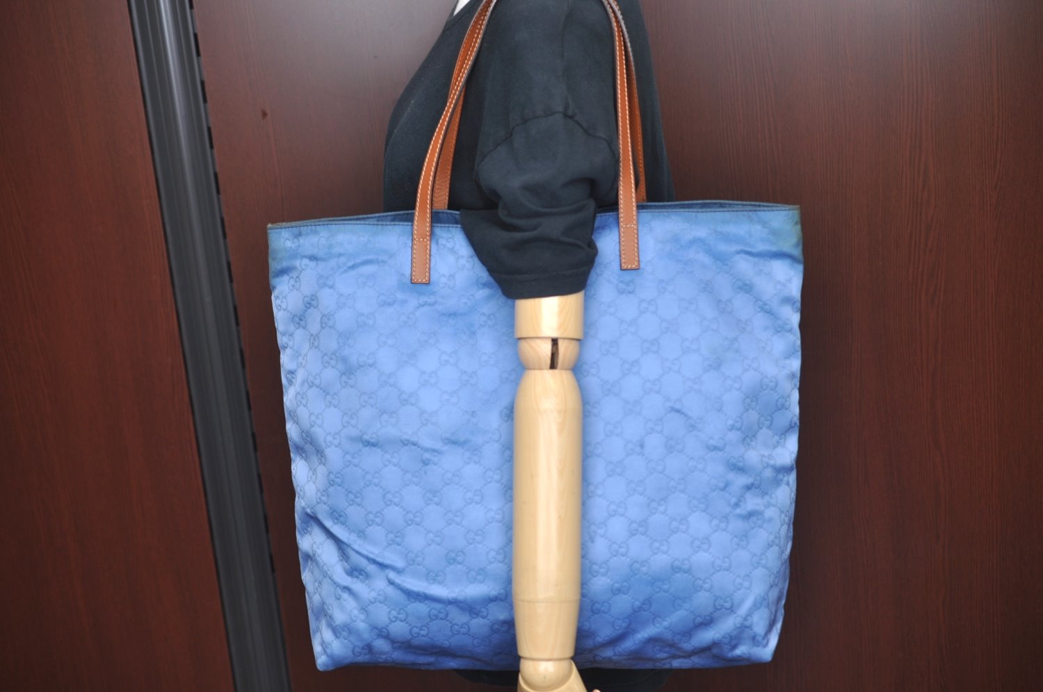 Authentic GUCCI Vintage Shoulder Tote Bag GG Nylon Leather 295252 Blue L0486