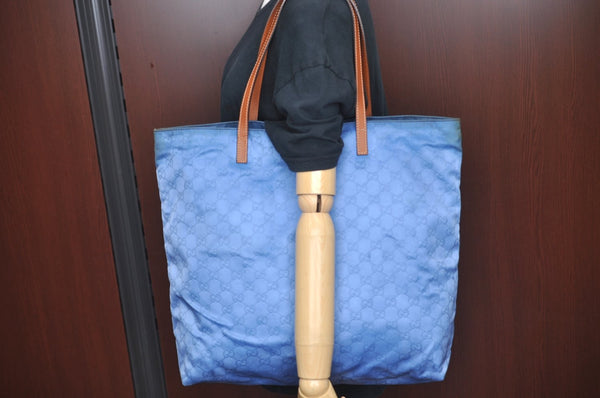 Authentic GUCCI Vintage Shoulder Tote Bag GG Nylon Leather 295252 Blue L0486