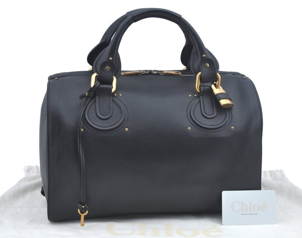 Authentic Chloe Pure Paddington Leather Hand Boston Bag Black L0487