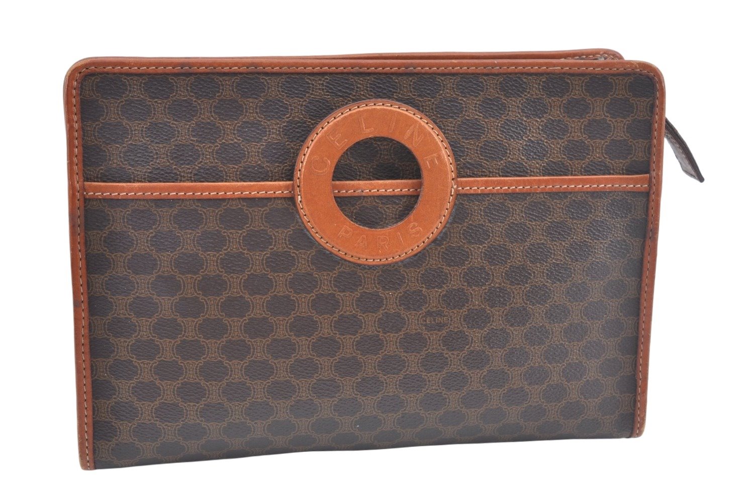 Authentic CELINE Macadam Blason Pattern Clutch Hand Bag PVC Leather Brown L0492