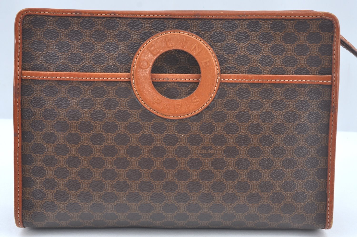 Authentic CELINE Macadam Blason Pattern Clutch Hand Bag PVC Leather Brown L0492