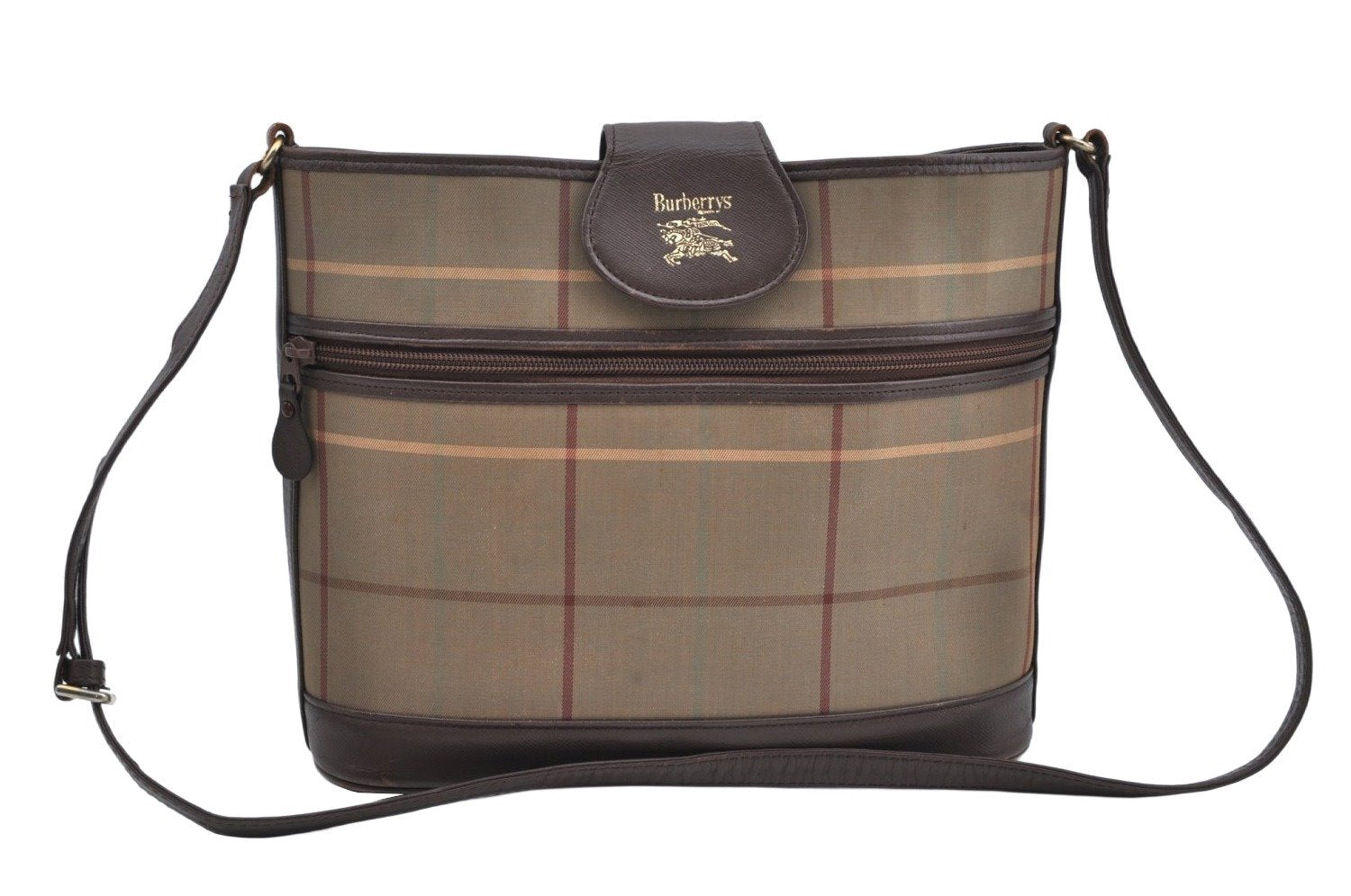 Authentic Burberrys Check Shoulder Cross Body Bag Canvas Leather Khaki  L0493