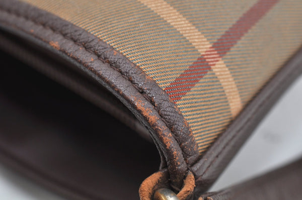 Authentic Burberrys Check Shoulder Cross Body Bag Canvas Leather Khaki  L0493