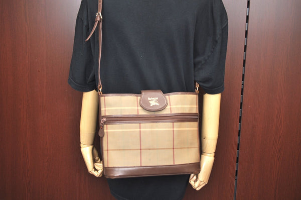 Authentic Burberrys Check Shoulder Cross Body Bag Canvas Leather Khaki  L0493