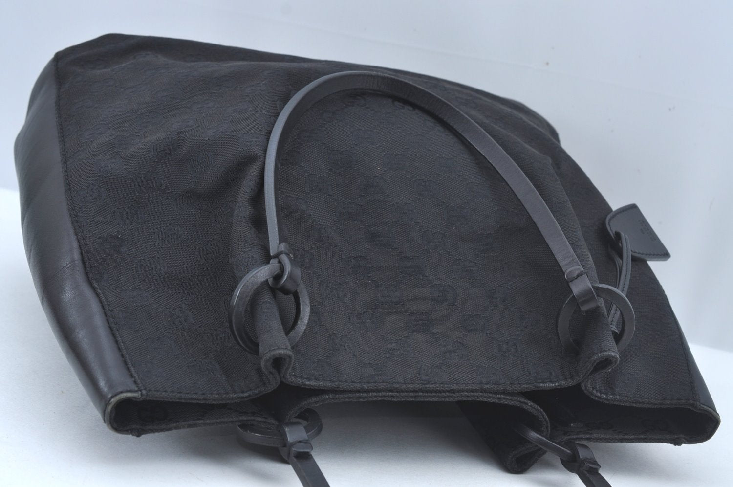 Authentic GUCCI Vintage Hand Tote Bag GG Canvas Leather Black L0498