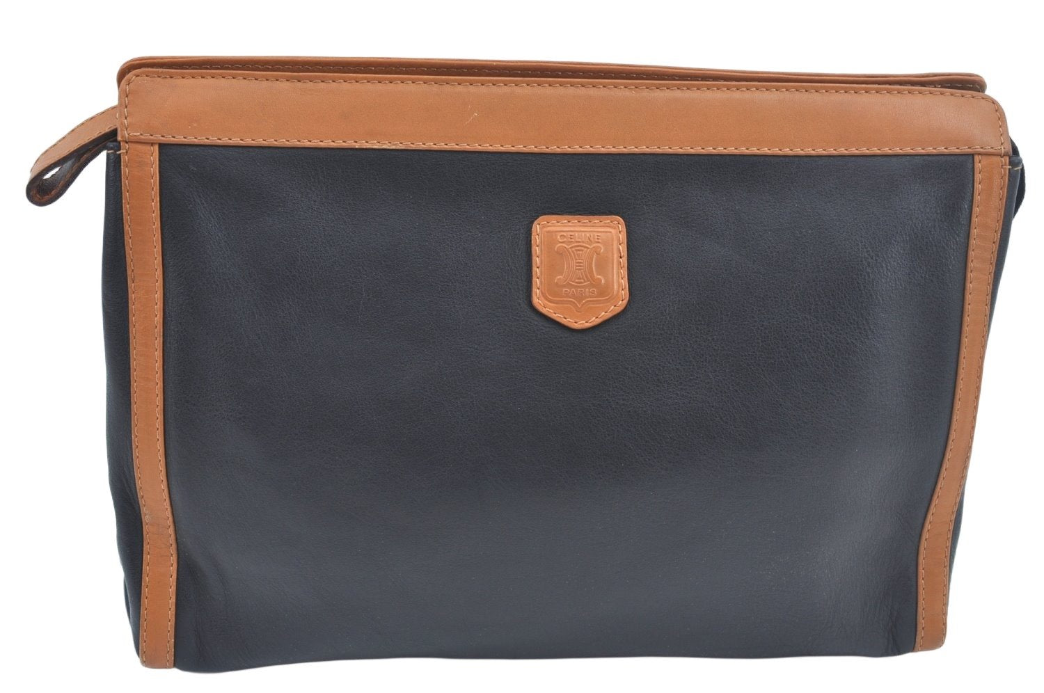 Authentic CELINE Clutch Hand Bag Purse Leather Black Brown L0506