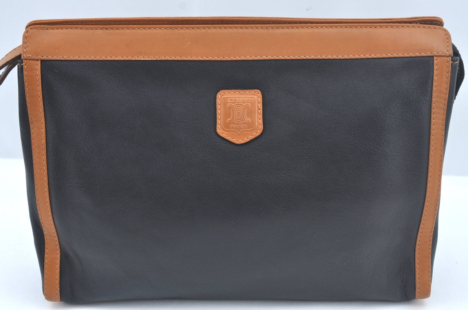 Authentic CELINE Clutch Hand Bag Purse Leather Black Brown L0506